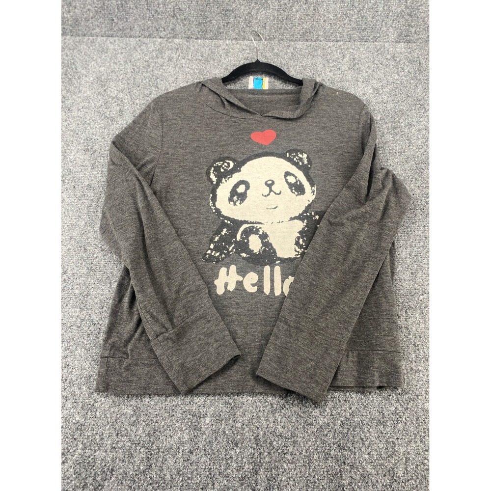 Four Girlz Los Angeles Panda Hoodie Gray Graphic Sweatshirt Girls Size M Hello